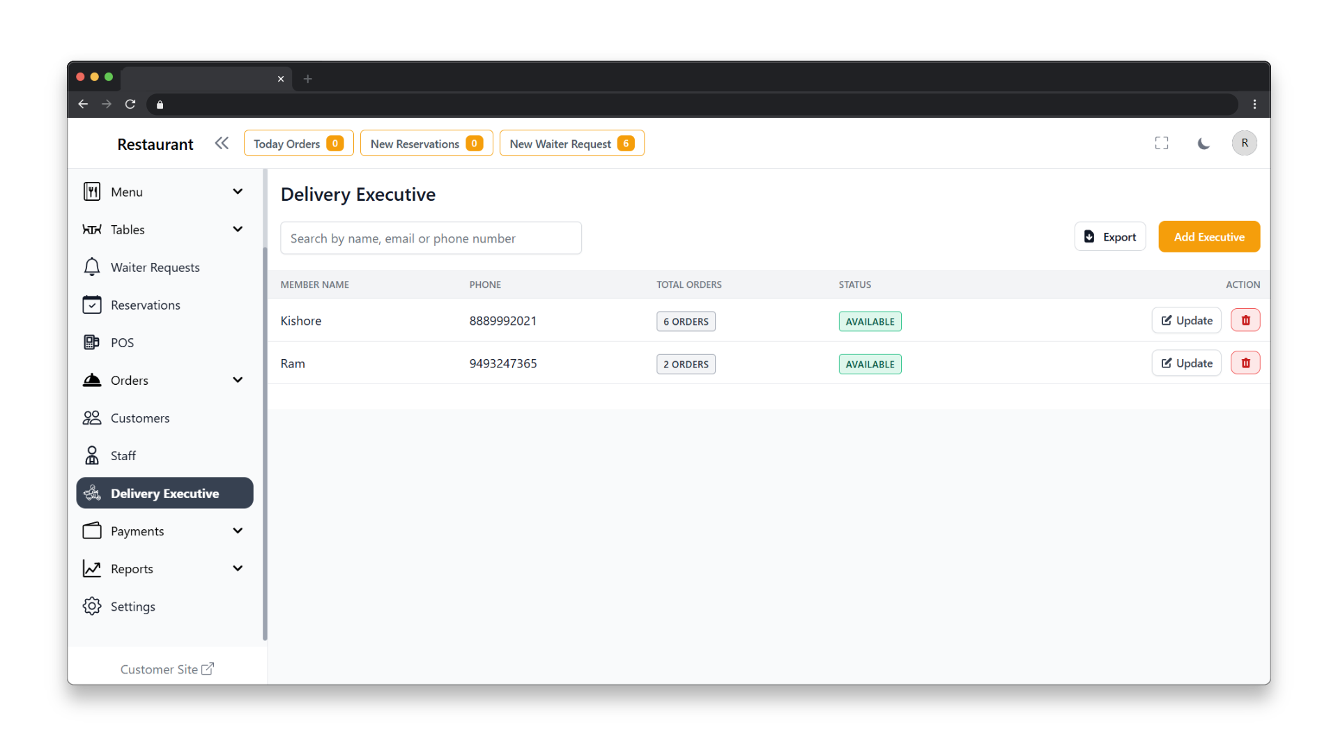 Home 30 Easily manage your delivery executives, monitor their status, and track their order performance to ensure fast and efficient service.