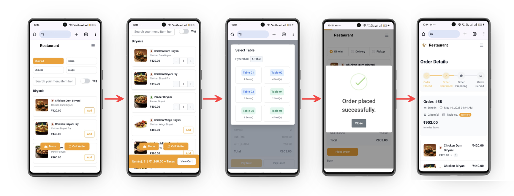 Home 5 customer browses menu on phone, adds items, selects table, gets “order placed successfully” confirmation, and sees real-time order status in DineHubb cloud POS.