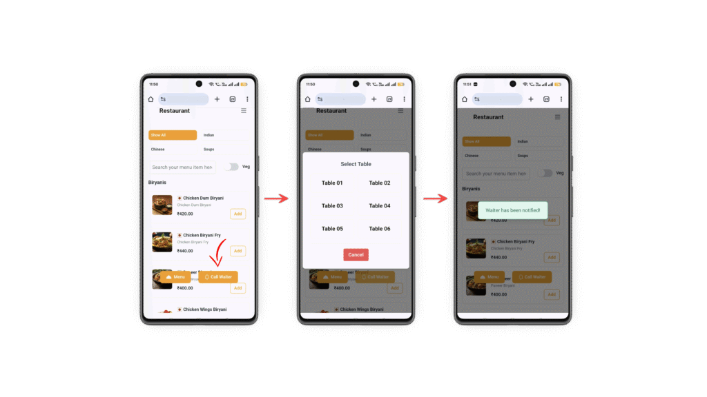 Home 21 Let your guests request waiter assistance from their mobile browsers. Each request is instantly routed to your dashboard, with clear table mapping and timestamps.