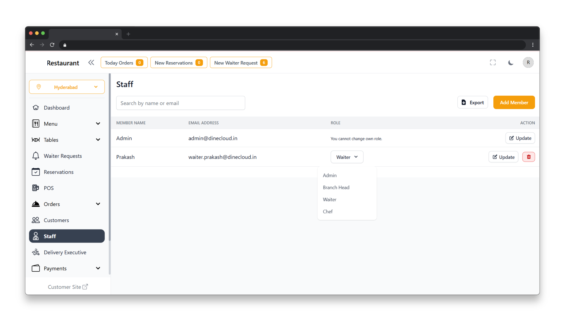 Home 25 dd new team members such as Waiters, Chefs, and Branch Heads with just a few clicks. Assign specific roles and customize their access permissions for tasks like menu updates, order handling, and more.