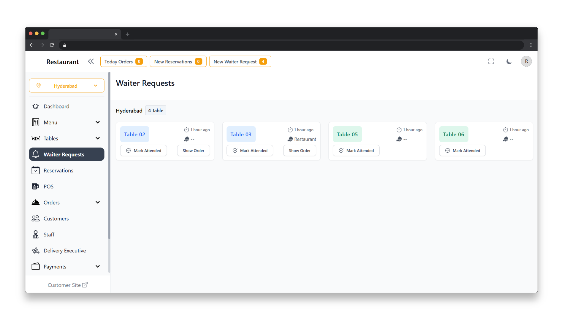 Home 22 Let your guests request waiter assistance from their mobile browsers. Each request is instantly routed to your dashboard, with clear table mapping and timestamps.