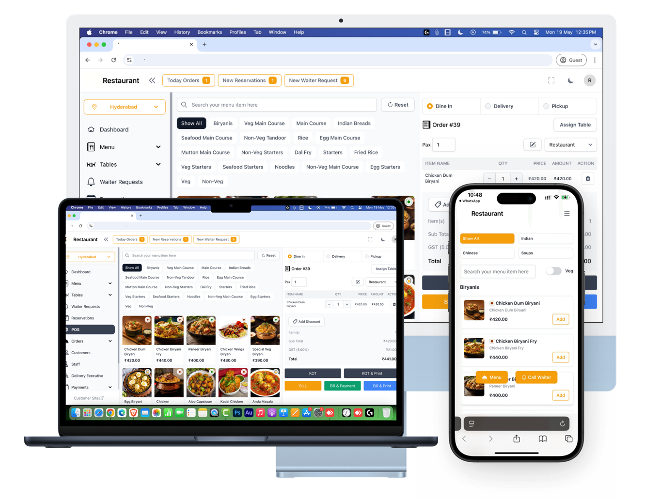 Home 1 Restaurant POS software interface on laptop and mobile for DineHubb